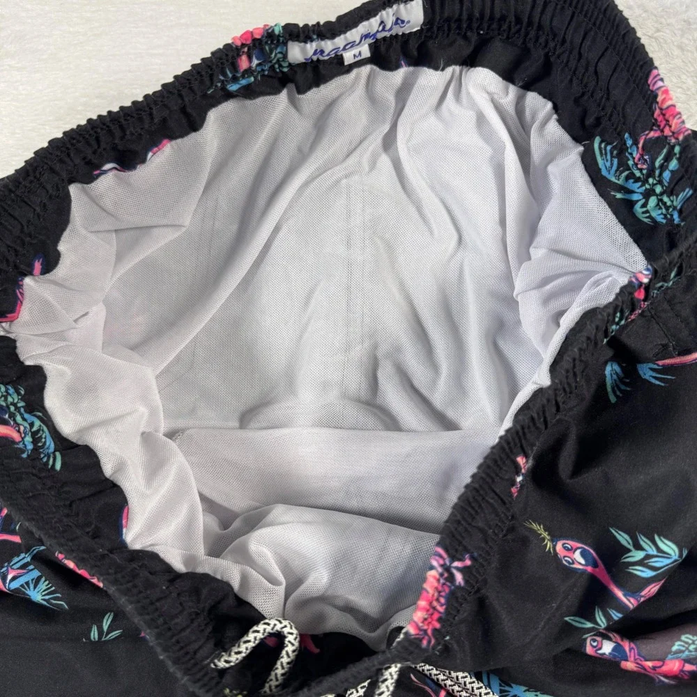 Maamgic Swim Trunks Mens Medium Black Yoga Flamingo Print Excellent Board Shorts